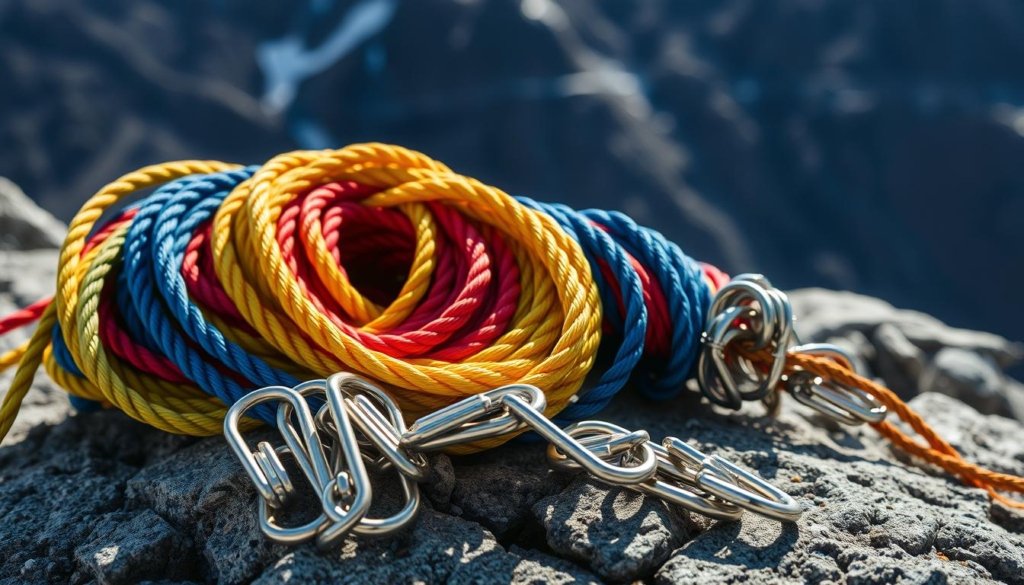 trad climbing ropes and quickdraws