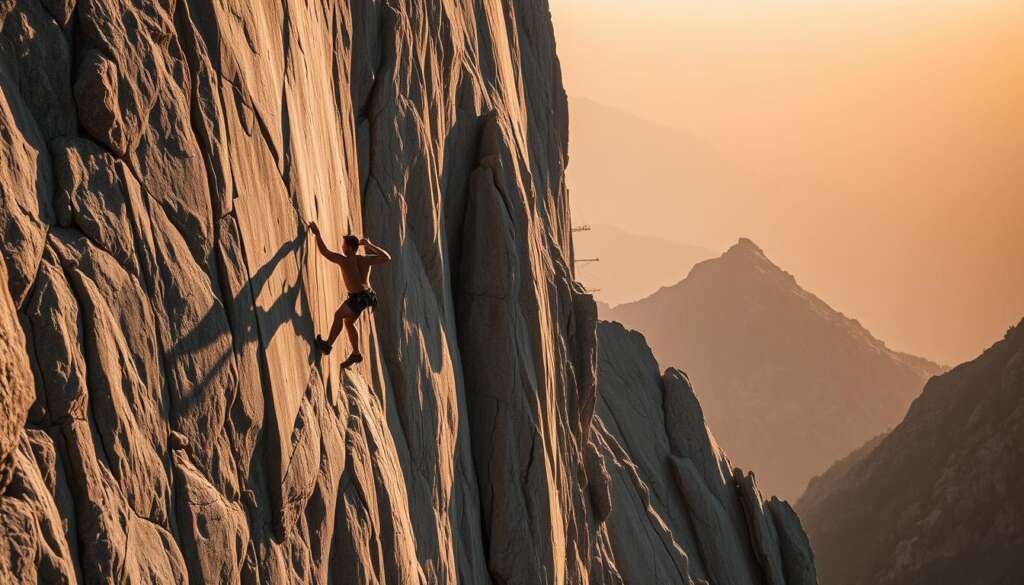 A sheer, towering rock face dominates the frame, its jagged edges and precarious footholds challenging the climber's skill. The warm, late-afternoon sun casts long shadows, highlighting the texture of the weathered granite. In the foreground, a solitary figure clings to the wall, muscles straining as they navigate a treacherous overhang, their chalked hands gripping the smallest of ledges. The background fades into a hazy, golden sky, the distant peaks a silent testament to the scale and grandeur of this unforgiving terrain. The scene evokes a sense of both awe and trepidation, capturing the essence of what makes these routes so demanding and yet so alluring to the world's most experienced climbers.