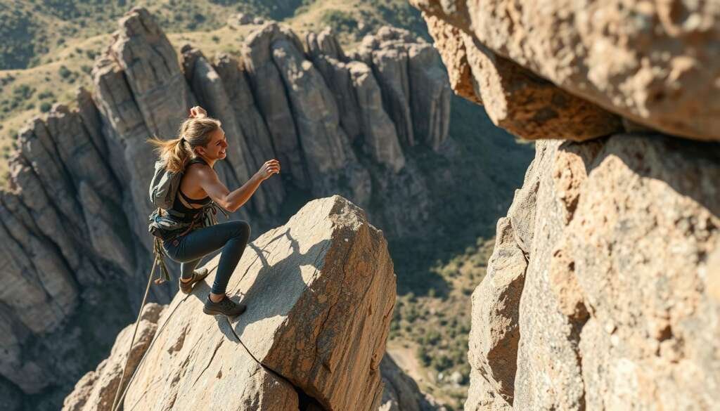 Generate an image of Brooke Raboutou climbing "Excalibur".