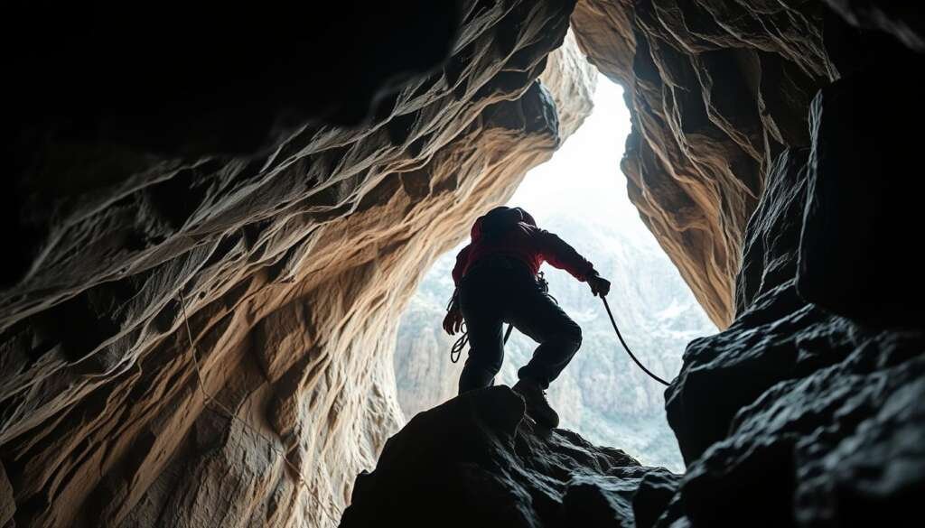 Generate an image of Jakob Schubert climbing the "B.I.G." route in Flatanger, Norway.