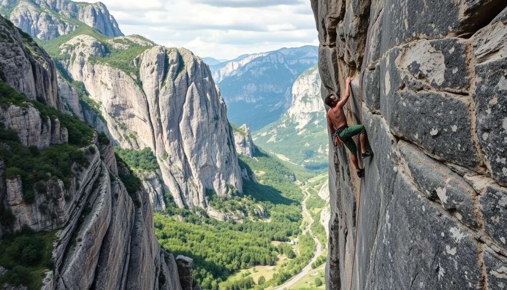 Generate an image of Sébastien Bouin climbing the "DNA" route in Verdon Gorge, France.