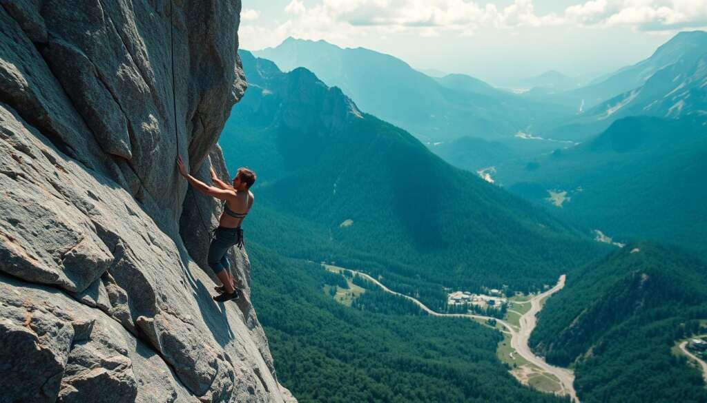 Generate an image of a climber making a dyno move on "La Dura Dura".