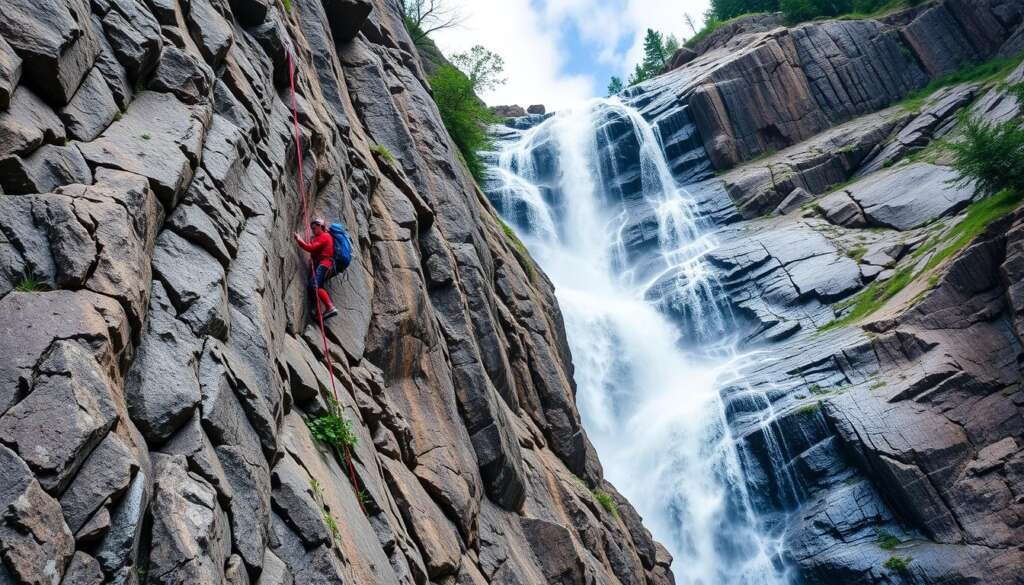 Generate an image of climbers ascending Interstellar Spice at Helmcken Falls