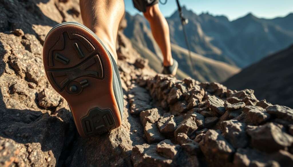 A climber's feet carefully navigate a rugged, rocky surface, showcasing precise footwork techniques. The foreground features close-up views of the climber's soles and toes gripping various holds, textures, and crevices. The middle ground captures the climber's body in a dynamic, balanced pose, their weight evenly distributed. The background depicts a mountainous, natural landscape with dramatic shadows and highlights, creating a sense of depth and environment. The lighting is natural, with warm tones accentuating the climber's movements. The overall atmosphere conveys a sense of focus, skill, and the rewarding challenge of improving one's climbing footwork on diverse terrain.