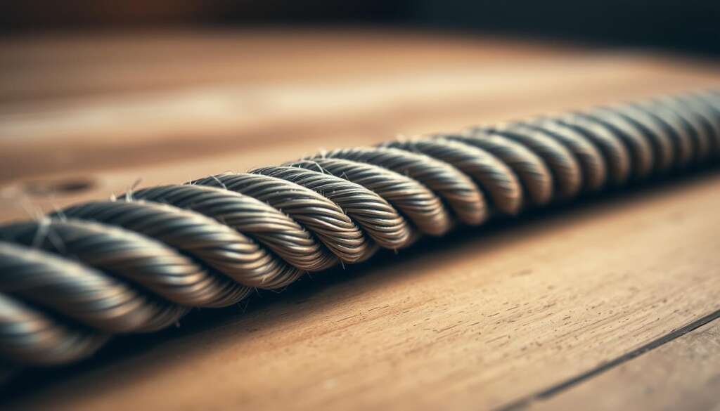 A close-up view of a climbing rope laid out on a wooden surface, showcasing its key specifications. The rope is depicted in high detail, with clear visibility of its cross-section, woven fibers, and color. The lighting is soft and diffused, creating a warm, inviting atmosphere that highlights the texture and quality of the rope. The background is slightly blurred, placing the focus entirely on the rope and its technical details. The overall composition is clean, simple, and designed to provide a comprehensive visual representation of the essential characteristics of a climbing rope.