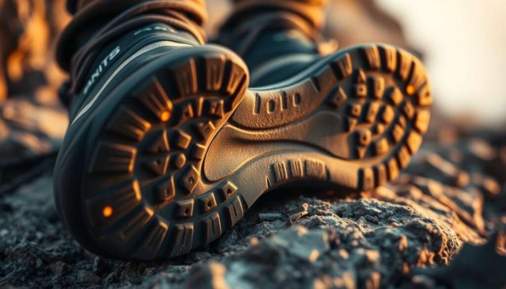 A close-up view of a pair of climbing shoes resting on a rocky surface, with the shoes' soles illuminated by soft, warm lighting. The texture of the rubber outsole is clearly visible, showcasing the intricate patterns and grooves designed for maximum grip and traction. The shoes are positioned to highlight the subtle curvature of the midsole, hinting at the shoe's flexibility and responsiveness. The background is blurred, placing the focus entirely on the shoes and their temperature-sensitive properties, reflecting the "Temperature and Environmental Factors" section of the article.