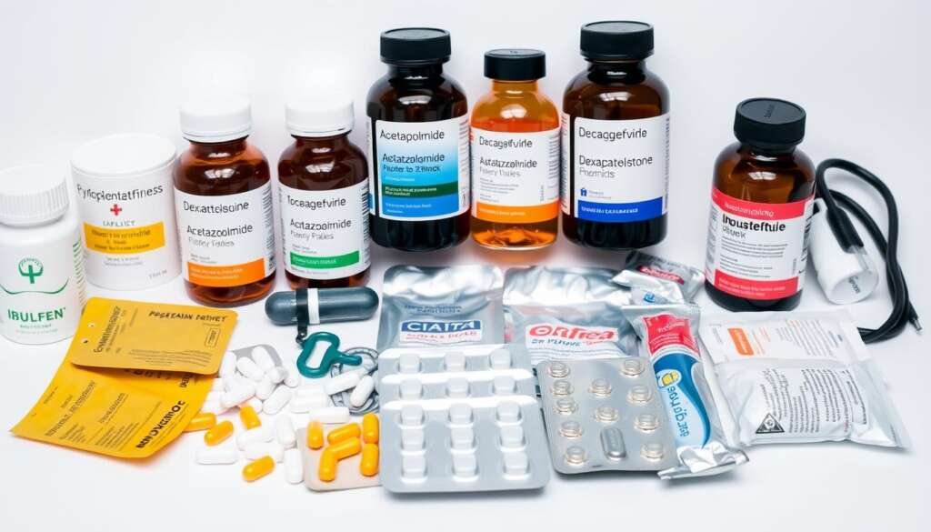 A neatly arranged collection of various altitude sickness medications, including acetazolamide, dexamethasone, and ibuprofen, presented against a clean, white background. The items are depicted with a sense of clinical precision, with the different pill bottles, blister packs, and medical equipment positioned in a harmonious layout. The lighting is neutral and slightly diffused, highlighting the textures and details of the products. The overall atmosphere conveys a sense of medical preparedness and attention to detail, reflecting the importance of proper medication management for high-altitude adventures.