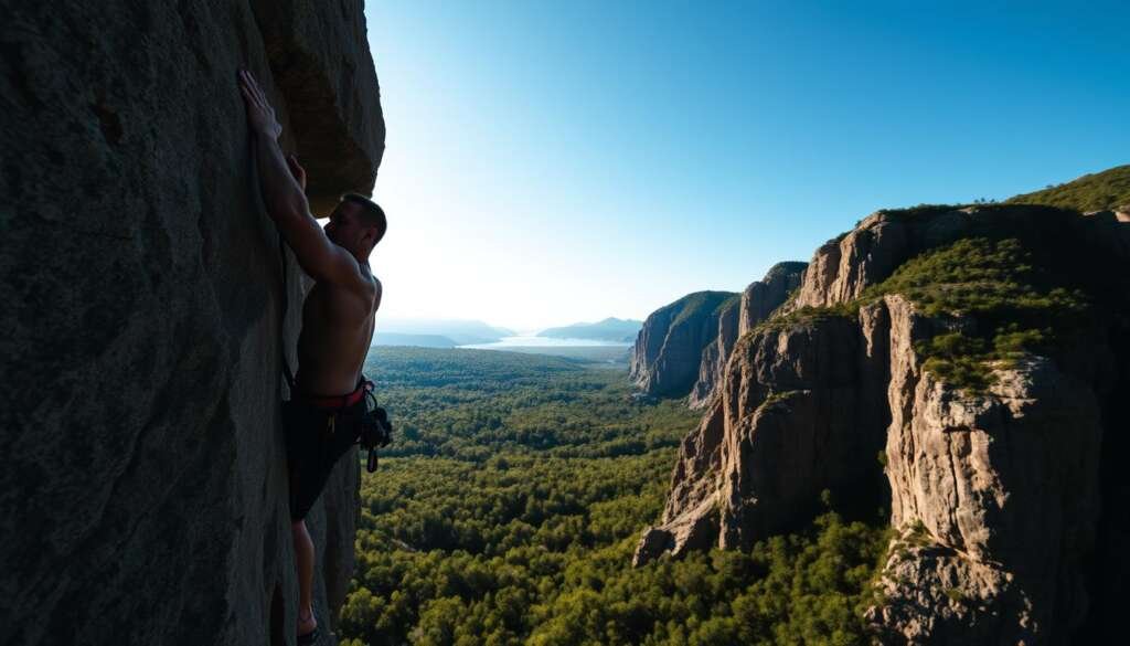 A rock climber clings to the craggy face of a towering cliff, muscles straining as they navigate a challenging overhang. The afternoon sun casts dramatic shadows, illuminating the climber's focused expression and the intricate textures of the rock. In the distance, lush green foliage and a deep blue sky create a serene, natural backdrop. The scene is captured with a wide-angle lens, emphasizing the climber's small scale against the grand, majestic landscape. The overall atmosphere conveys a sense of accomplishment, determination, and the beauty of the great outdoors.
