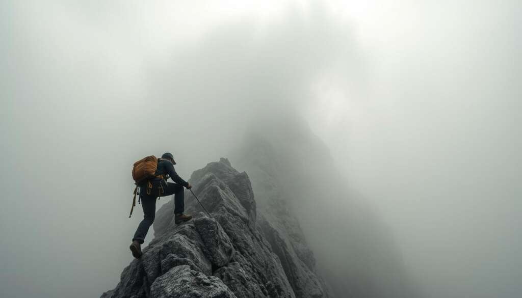 A rugged mountain peak rises into a hazy, fog-shrouded sky. The climber, clad in weathered gear, clings to the rock face, their movements obscured by the thick mist. Shafts of diffused sunlight pierce through the clouds, casting an ethereal glow over the scene. The path ahead is shrouded in uncertainty, challenging the climber's navigation and visibility. The atmosphere is one of both awe and unease, reflecting the delicate balance between the climber's skill and the unpredictable forces of nature.