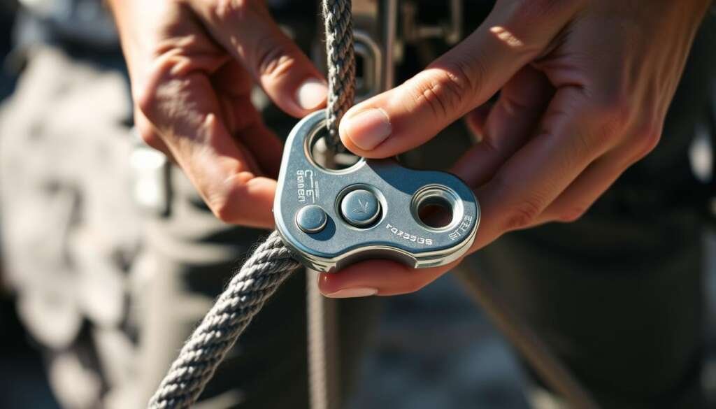 A well-lit close-up shot of a climber's hands securely locking a belay device onto a sturdy climbing rope. The device's intricate mechanism is visible, showcasing its safety features. The climber's fingers expertly manipulate the device, demonstrating proper technique. The background is blurred, keeping the focus on the hands and the belay device. The lighting is natural, casting soft shadows that accentuate the textures and details. The overall atmosphere conveys a sense of safety, precision, and attention to detail, reflecting the importance of proper belay device usage.
