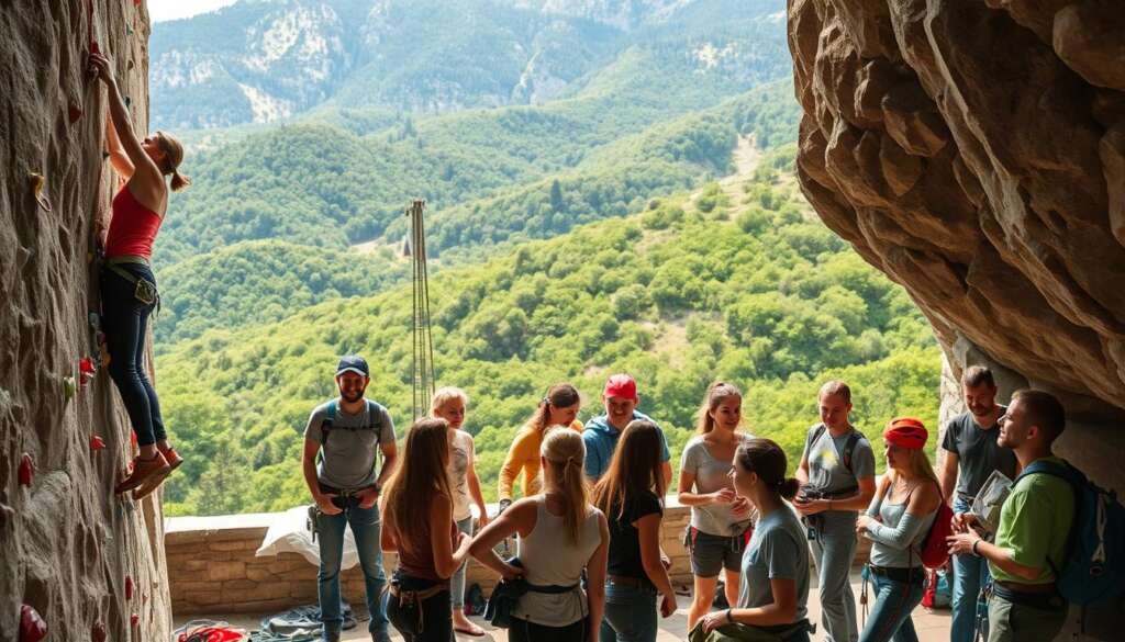 A diverse group of climbers engaged in various community-building activities, such as organizing group outings, skill-sharing workshops, and local trail maintenance. The foreground features climbers of different ages and backgrounds collaboratively working on a rock-climbing wall, demonstrating the inclusive and collaborative nature of the community. The middle ground showcases climbers socializing, sharing gear, and planning future events. In the background, a scenic mountain landscape with lush greenery sets the stage for the outdoor-focused climbing community. The scene is illuminated by warm, natural lighting, creating a welcoming and inviting atmosphere that reflects the spirit of camaraderie and shared passion for the sport.