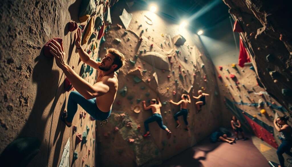 A dynamic rock climbing gym, filled with colorful, textured walls and challenging routes. In the foreground, a determined climber navigates a series of intricate holds, their muscles taut with focus. Midground, several climbers repeat speed drills, their movements a blur of intensity. In the background, spotlights cast dramatic shadows, creating a dramatic, high-energy atmosphere. The scene is captured with a wide-angle lens, emphasizing the verticality and scale of the space. Warm, saturated tones and a sense of motion convey the thrill and urgency of speed climbing training.