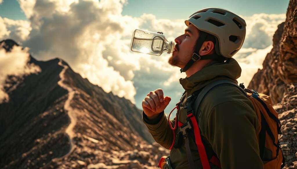 A mountaineer in technical climbing gear stands amidst a rocky, sun-dappled landscape. In the foreground, they carefully hydrate from a water bottle, their focused expression conveying the importance of proper hydration during a grueling ascent. The middle ground reveals a rugged, winding trail leading up the craggy peaks, while the background depicts billowing clouds and a striking alpine vista. Warm, golden lighting illuminates the scene, creating a sense of intensity and determination. The composition captures the essence of effective hydration and cooling strategies essential for conquering humid, high-altitude climbing conditions.