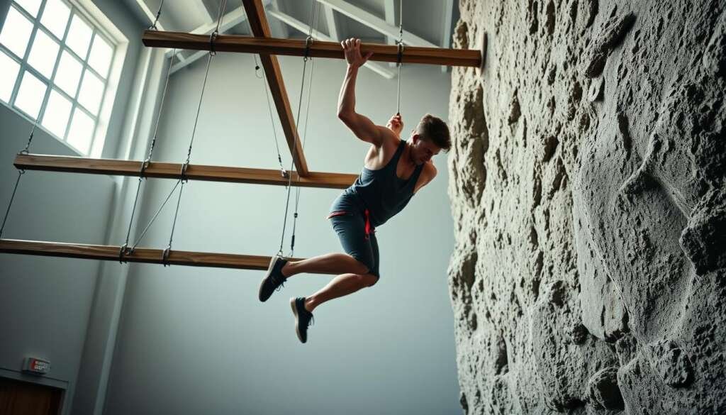 A rock climber navigates a challenging endurance circuit, swinging between wooden beams and scaling a rugged, textured wall in a bright, airy gym. Crisp, dramatic lighting accentuates the climber's athletic movements as they flow seamlessly through a series of dynamic, full-body exercises. The background features a minimalist industrial aesthetic, with exposed beams and natural textures conveying a sense of focus and determination. The overall scene evokes the intense physical and mental demands of building climbing-specific endurance through targeted circuit training.