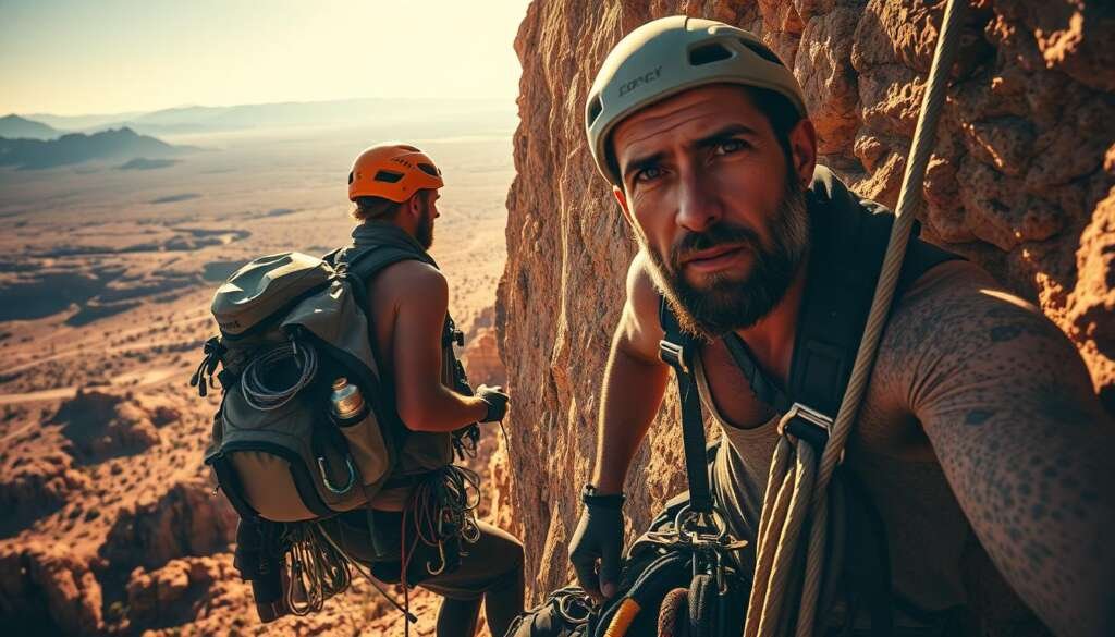 A rugged climber navigates a sun-dappled rock face, equipped with essential gear: a hydration backpack, climbing harness, and protective hat. The scene exudes an atmosphere of intense heat, with the climber's determined expression and beads of sweat visible. The middle ground features an array of carabiners, ropes, and other technical climbing equipment neatly organized. In the background, a vast desert landscape stretches out, with distant mountains hazy in the shimmering air. Warm, golden lighting filters through, casting dramatic shadows and highlights across the composition. The overall image conveys the challenges and preparation required for climbing in hot, arid conditions.