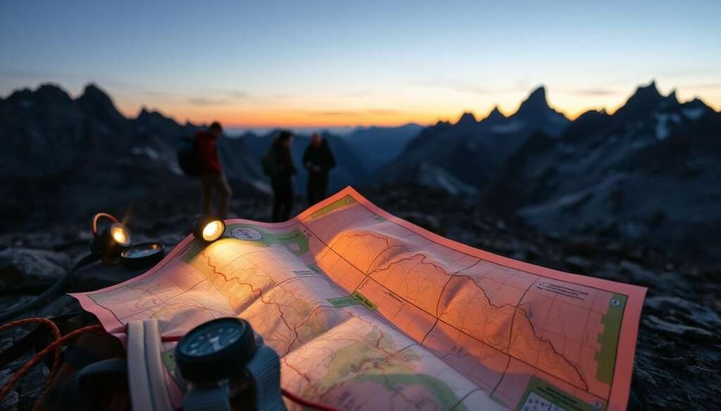 A rugged mountain landscape at dusk, the setting sun casting a warm glow over the terrain. In the foreground, a detailed topographic map spread out on a sturdy backpack, with a compass, headlamp, and climbing gear nearby. Highlighted routes snake across the contours, indicating potential climbing paths. In the middle ground, a team of adventurers studying the map, discussing their next moves, their faces illuminated by the soft light. In the background, the silhouettes of towering peaks, their jagged outlines standing in stark contrast against the fading sky. A sense of anticipation and preparation pervades the scene, as the climbers plan their ascent into the night.