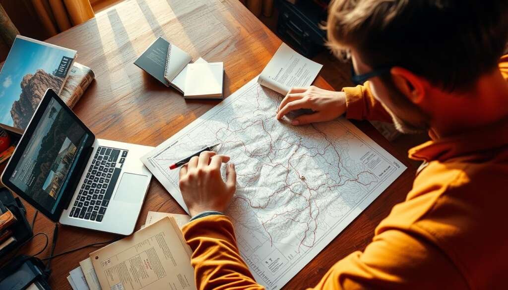 A seasoned climber scrutinizes a detailed topo map, tracing potential routes up a rugged, sun-dappled crag. Beside them, a laptop displays images and descriptions of the local climbing area, providing essential beta. Strewn across the table are guidebooks, notepads, and a weathered guidebook, evidence of meticulous research. The room's warm, golden lighting evokes the spirit of adventure and exploration, as the climber plans their upcoming expedition to conquer these challenging rock faces.