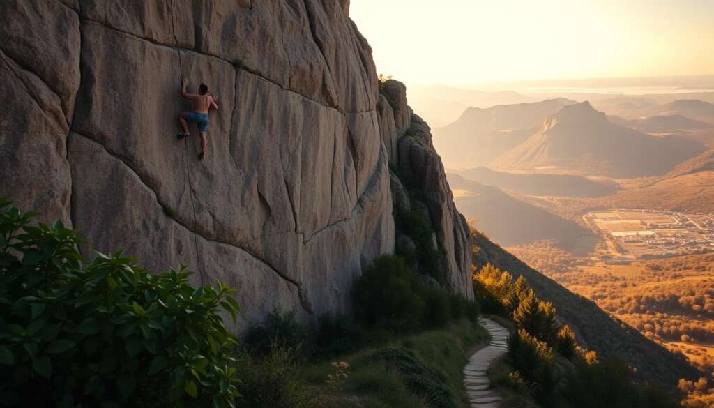 A serene rock face, bathed in warm afternoon light, with a lone climber scaling its rugged surface. In the foreground, lush greenery and a winding trail leading towards the base of the cliff, inviting the viewer to join the therapeutic journey. The middle ground showcases the climber's focused determination, their limbs expertly navigating the challenging holds, while the background reveals a picturesque landscape, hinting at the restorative power of the great outdoors. The scene conveys a sense of tranquility, personal growth, and the mental and physical benefits of this exhilarating activity.