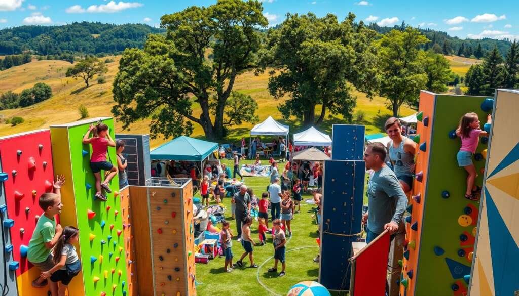A vibrant and inclusive climbing festival in a lush, verdant setting. In the foreground, families scale colorful climbing walls, their expressions filled with joy and determination. In the middle ground, vendors offer an array of outdoor gear and refreshments, while spectators cheer on the climbers. The background showcases the festival's scenic location, with rolling hills, towering trees, and a clear blue sky overhead, illuminated by warm, natural lighting. An atmosphere of community, adventure, and celebration permeates the scene, inviting all to participate in the joyful exploration of the great outdoors.