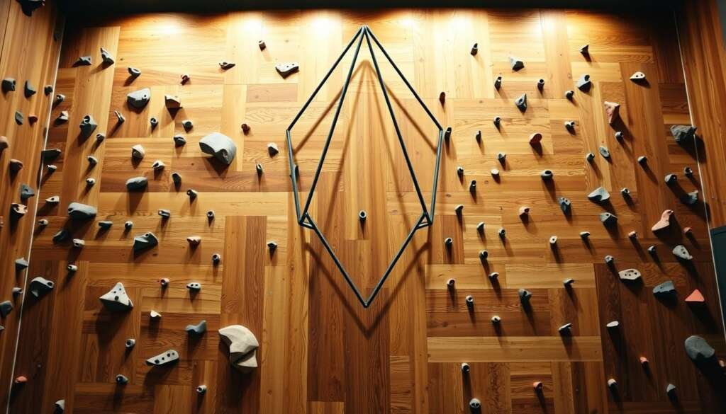 A vintage-inspired climbing wall design, featuring a blend of rustic wood textures and sleek, angular elements. The foreground showcases a dynamic array of unique handholds and climbing routes, crafted with a mix of natural and industrial materials. In the middle ground, a minimalist yet visually striking geometric framework supports the climbing surface, creating an eye-catching juxtaposition. The background is bathed in warm, diffused lighting, casting a cozy, atmospheric glow and highlighting the interplay of textures and materials. The overall aesthetic evokes a sense of nostalgia while embracing modern design trends, seamlessly merging the old and the new.