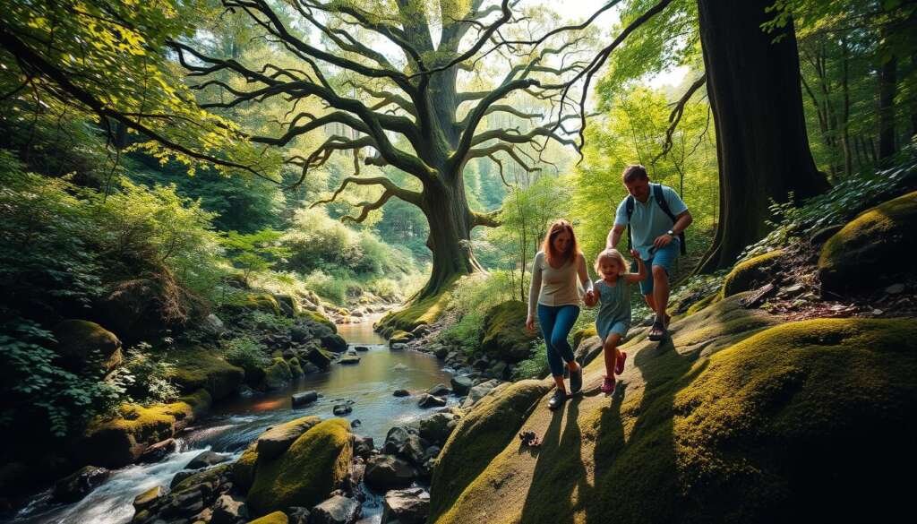 A warm, sun-dappled afternoon in a lush, verdant forest. In the foreground, a family of four - parents and two young children - scaling a rocky, moss-covered outcrop, their faces alight with wonder and determination. The parents guide and support the kids, hands clasped, feet finding secure footholds. In the middle ground, a tranquil stream winds its way through the undergrowth, its gentle burbling providing a soothing soundtrack. The background features towering, ancient trees, their branches casting dappled shadows on the scene below. The overall mood is one of connection, adventure, and the joy of shared experiences in nature.