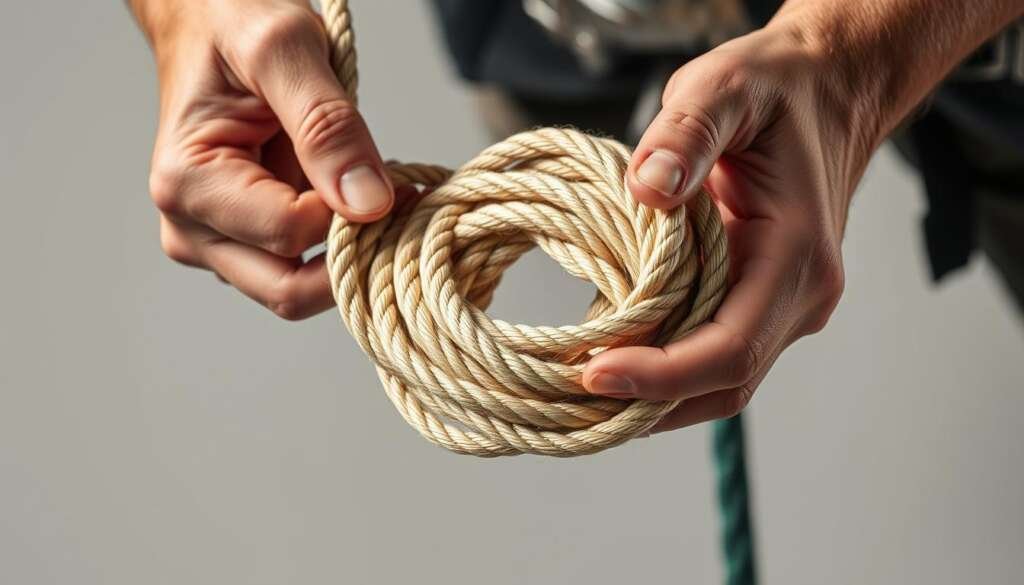 A well-lit, close-up shot of a climbing rope undergoing thorough inspection and maintenance. The rope is held in the hands of a skilled climber against a plain, neutral background, allowing the viewer to focus on the details. The climber carefully examines the rope's fibers, checking for any signs of wear, fraying, or damage. The lighting is soft and even, showcasing the intricate texture and subtle coloration of the rope. The composition emphasizes the importance of this routine task, conveying a sense of care and attention to detail required for proper climbing gear upkeep.