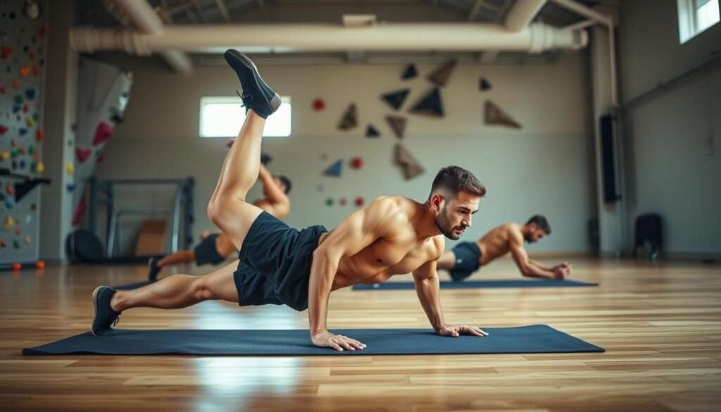 A well-lit gymnasium with rock climbing equipment in the background. In the foreground, a muscular climber performs a series of core-strengthening exercises on a yoga mat, including crunches, leg raises, and planks. The climber's movements are captured in dynamic poses, showcasing the importance of core strength for climbing. The lighting is soft and natural, highlighting the climber's defined musculature. The overall scene conveys the message of focused training and the integration of core exercises into a climber's routine.