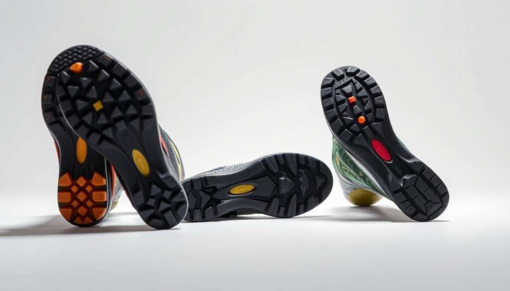 Detailed close-up shot of several climbing shoe soles, showcasing their innovative materials and intricate tread designs. The soles are positioned in a well-lit, studio-style setting with a clean, minimalist background, allowing the textured rubber, sticky compounds, and specialized lug patterns to take center stage. The lighting creates a sense of depth, highlighting the contours and edges of the soles. The overall composition emphasizes the technical advancements in climbing shoe technology, reflecting the "Innovations in Materials and Design" section of the article.