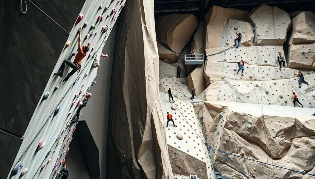 a detailed close-up view of a climbing competition arena, showcasing the various formats and disciplines. the foreground features a group of rock climbers tackling a challenging overhanging wall, their bodies in dynamic motion as they maneuver up the wall. the middle ground shows a bouldering area with climbers navigating intricate routes on low-to-the-ground climbing structures. in the background, a lead climbing section with tall walls and ropes is visible, climbers scaling the routes with intense focus. the lighting is bright and natural, accentuating the textures of the rock surfaces. the overall atmosphere conveys the thrill and intensity of a competitive climbing event.